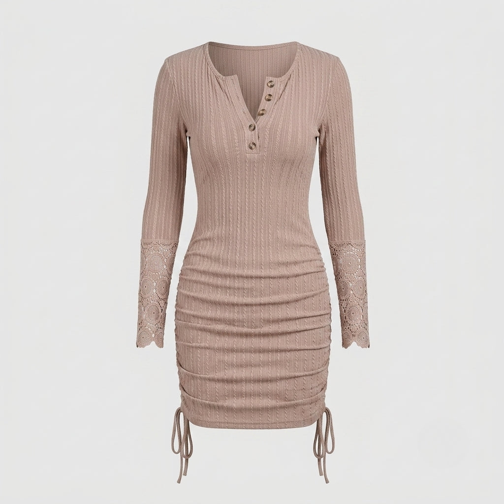 A ribbed long-sleeve mini dress in a taupe color, featuring a buttoned henley neckline, lace detailing on the cuffs, and drawstring ties at the hem, shown against a plain light gray background.