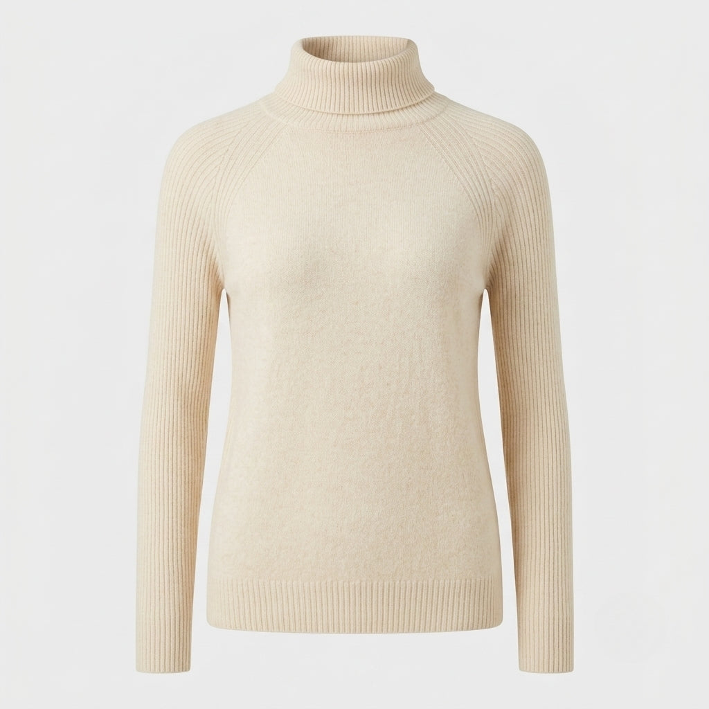 A light beige ribbed knit turtleneck sweater displayed on a ghost mannequin against a light gray background.