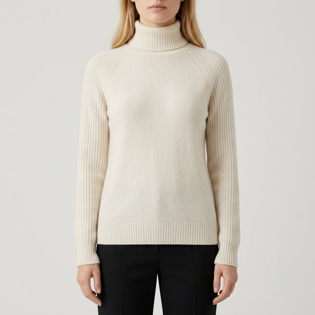 A woman wearing a cream-colored ribbed turtleneck sweater and black trousers, shown from the neck down against a light gray studio background.