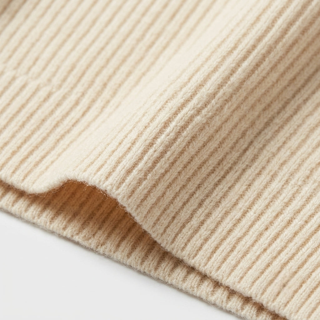 Close-up of a ribbed knit fabric in a warm cream or oatmeal beige color, showing the texture and folded edge against a plain light background.
