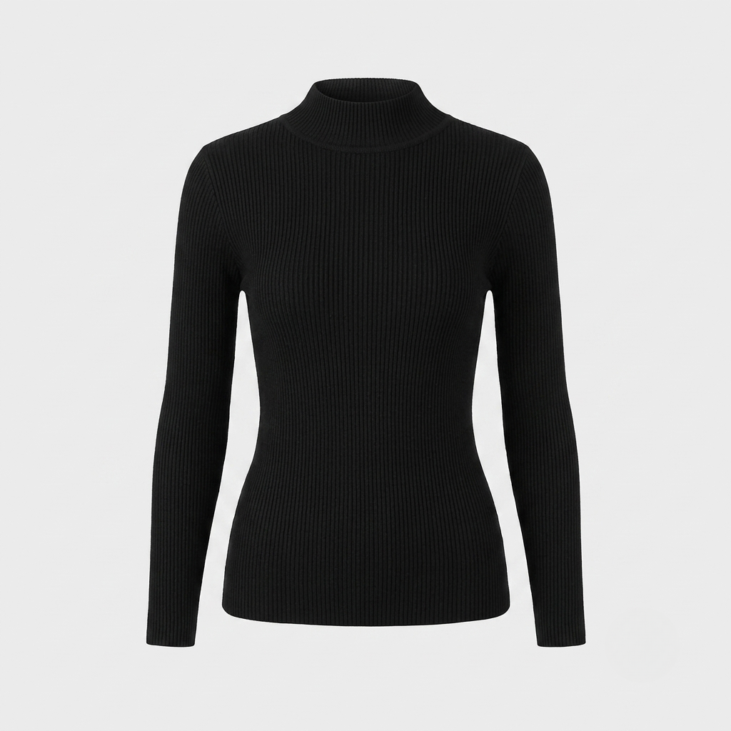 A black long-sleeve ribbed mock neck sweater displayed on a ghost mannequin against a light gray background.