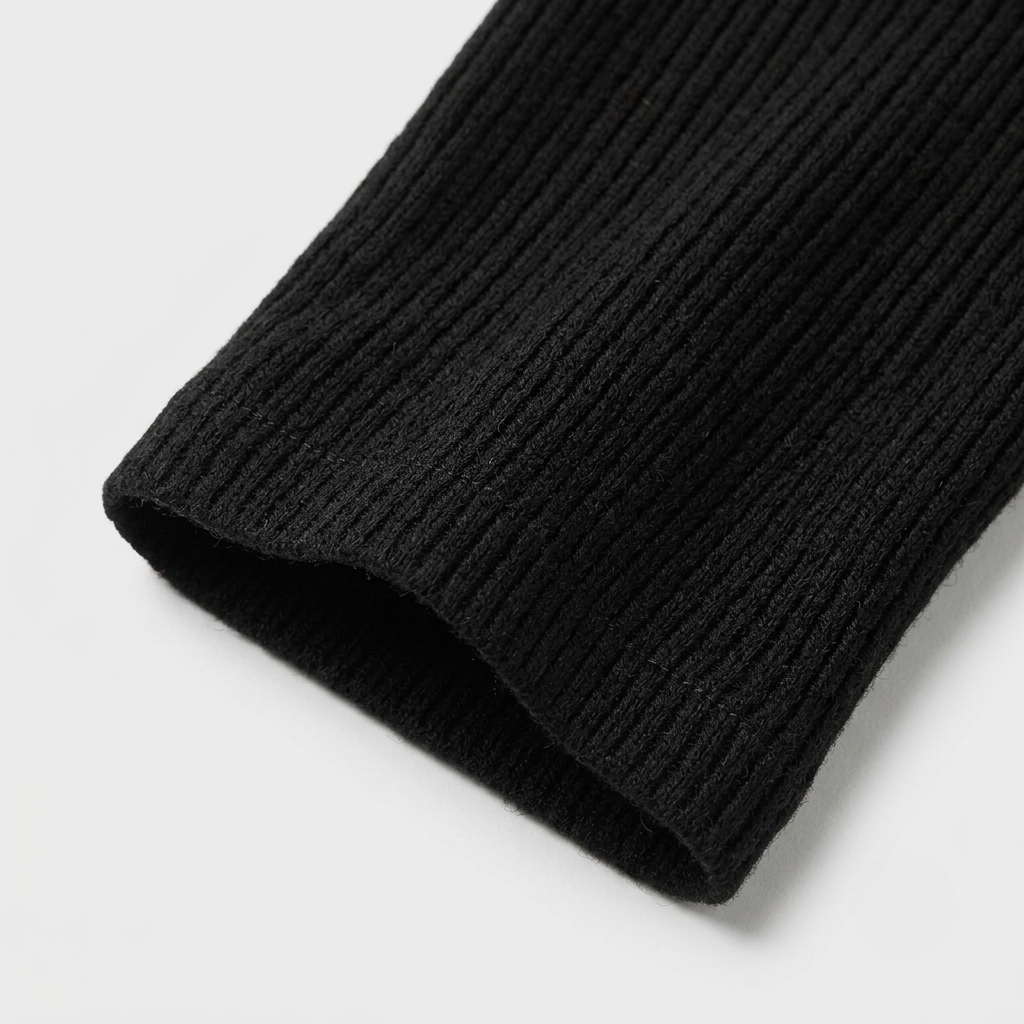 Close-up of a black ribbed knit fabric cuff, showing the texture and folded edge on a light gray background.