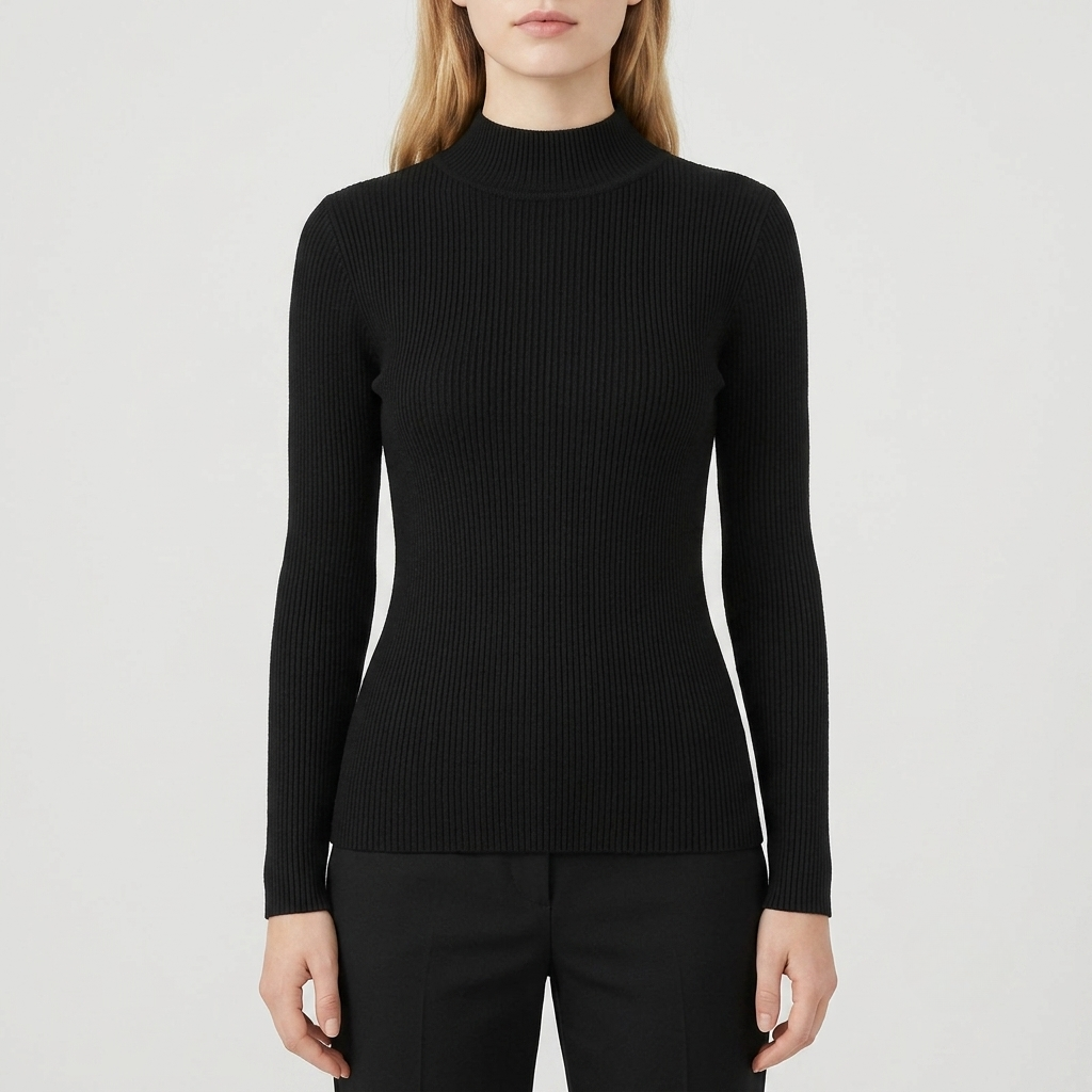 A woman wearing a fitted black ribbed mock neck sweater, shown from the neck down against a plain light gray studio background.