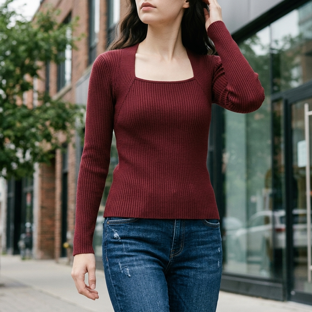 A woman wearing a ribbed long-sleeve square-neck sweater in wine red, paired with blue jeans, standing on an urban sidewalk.