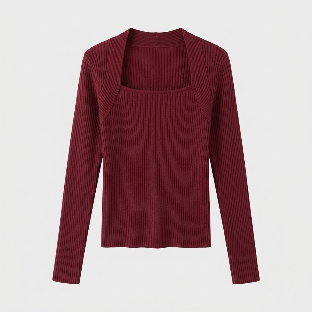A ribbed knit long-sleeve top in wine red, featuring a square neckline and a wrap-style front overlay, shown against a plain light gray background.