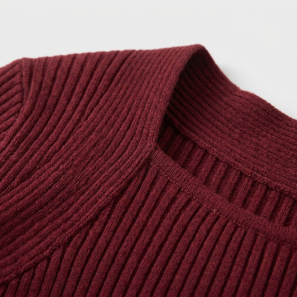 Close-up of a ribbed knit sweater in a wine red color, showing the texture and collar detail against a light gray background.
