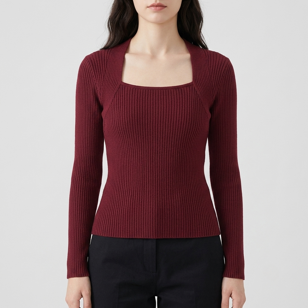 A woman wearing a ribbed long-sleeve knit top with a square neckline in wine red, paired with dark pants, against a light gray studio background.