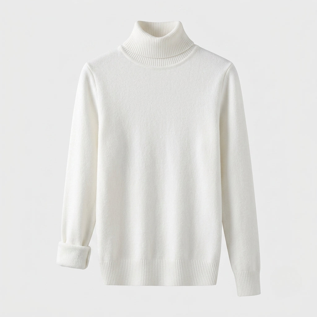 A white long-sleeve knit sweater with a mock neck, ribbed collar, cuffs, and hem, displayed on a light gray background.