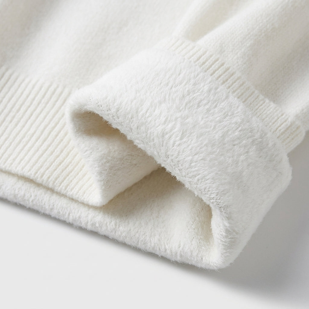 Close-up of a soft, plush knit fabric in a warm off-white or cream color, showing the ribbed cuff and textured knit details.