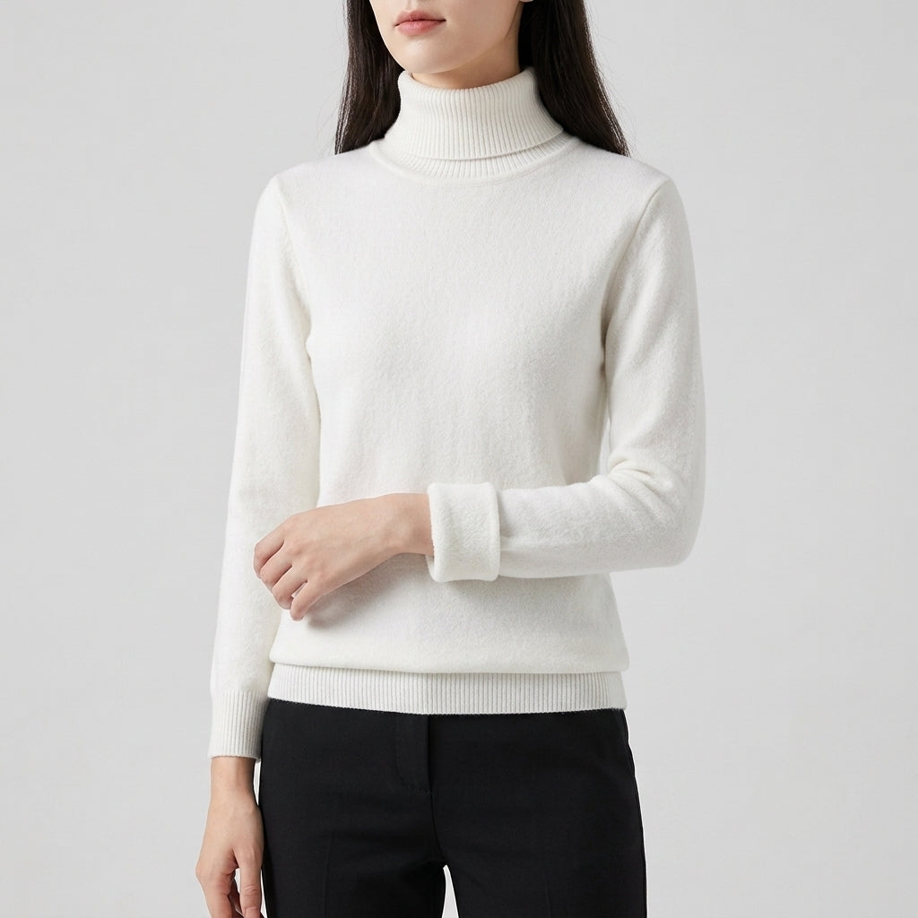 A woman wearing a cream-colored ribbed turtleneck sweater and black pants, shown from the lips down against a light gray studio background.