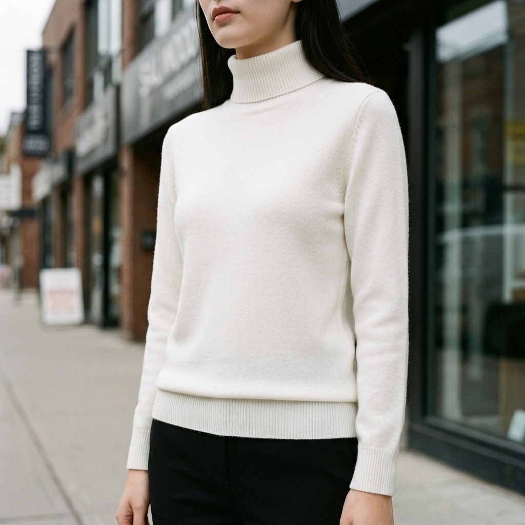A woman wearing a white ribbed turtleneck sweater and black pants, standing on a city sidewalk with blurred storefronts in the background.