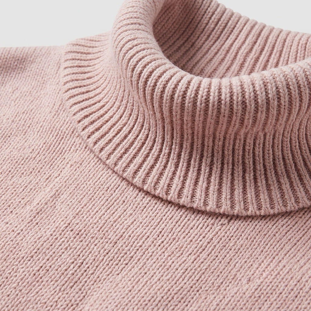 Close-up of a ribbed knit turtleneck sweater in a soft dusty pink color, showing the detailed texture of the collar and knit pattern.