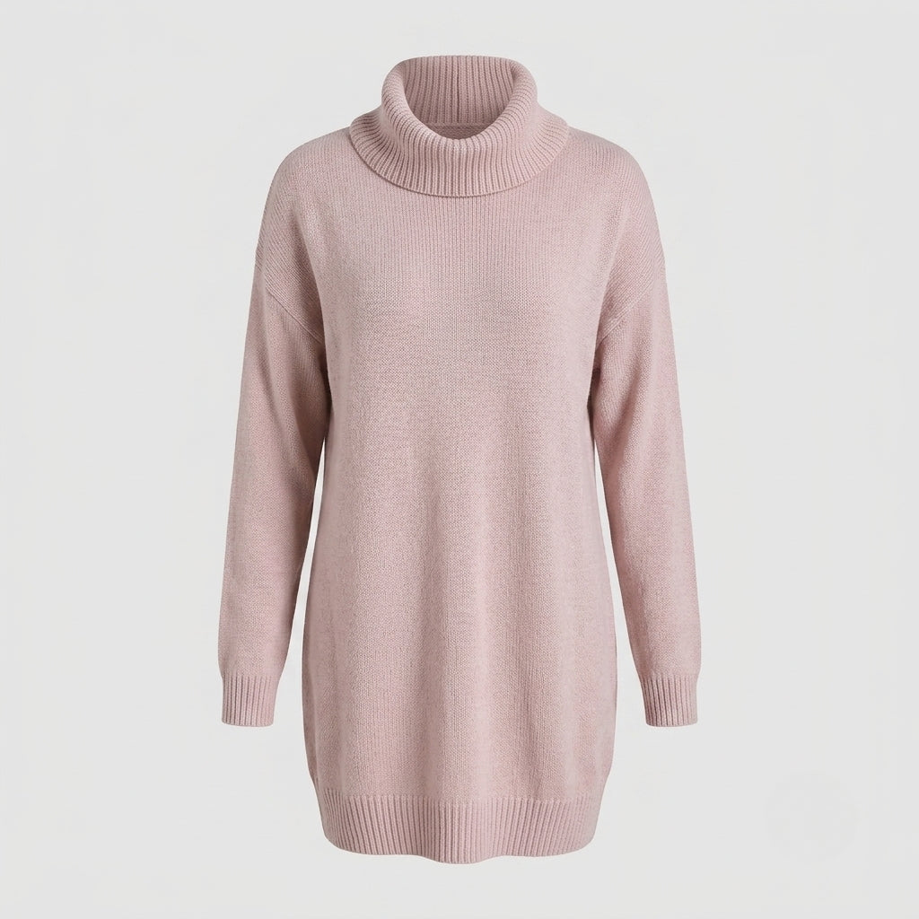 A light pink ribbed knit turtleneck sweater displayed on a neutral light gray background.
