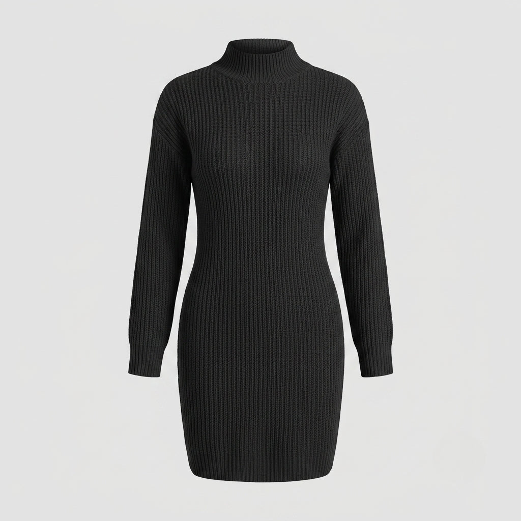 A black ribbed knit mock neck sweater dress with long sleeves, shown on a light gray background.