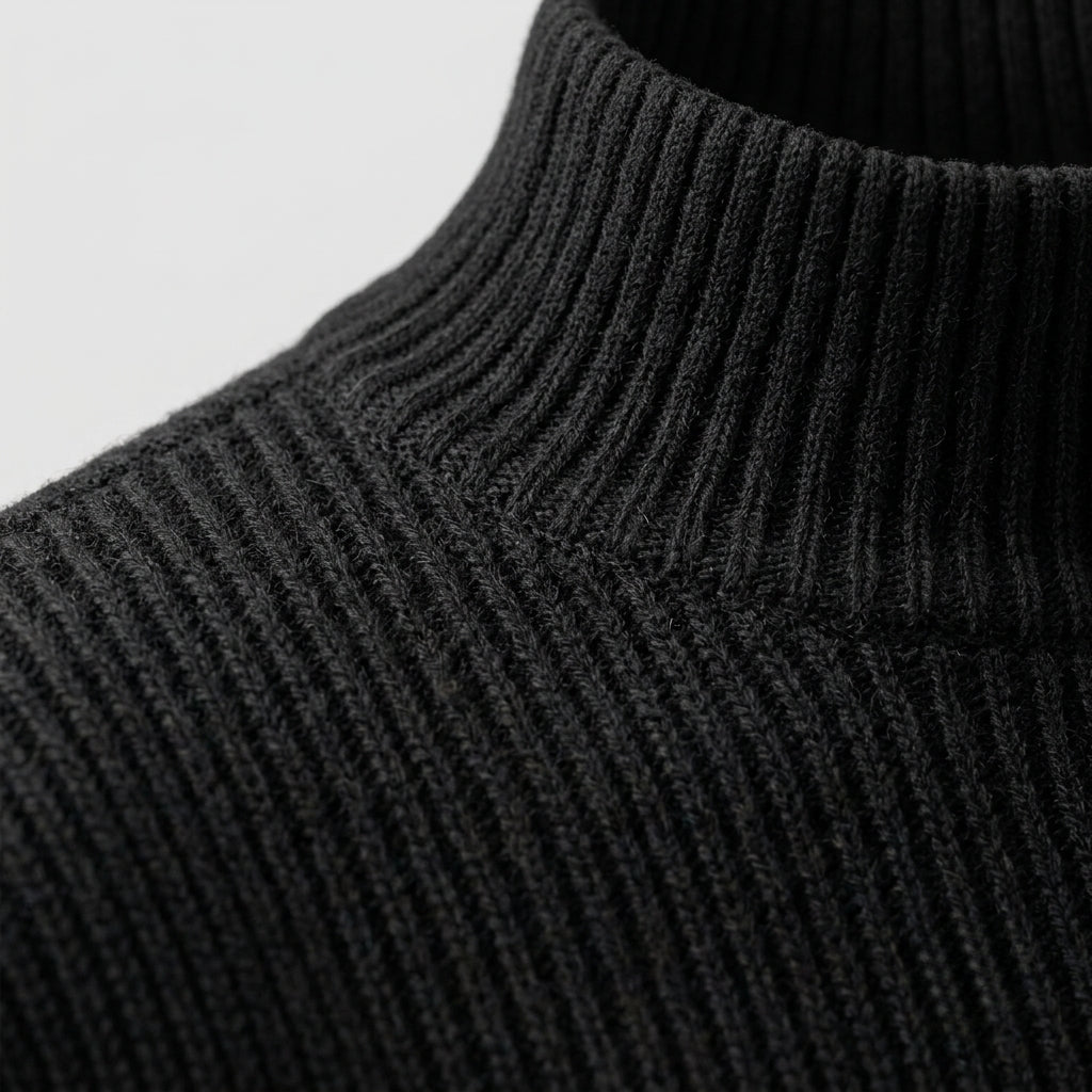 Close-up of a black ribbed knit turtleneck sweater showing the texture and collar detail against a light gray background.