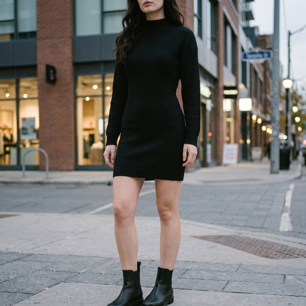A woman wearing a black ribbed mock-neck mini dress with side cutouts and black ankle boots, standing on a city sidewalk with buildings in the background.