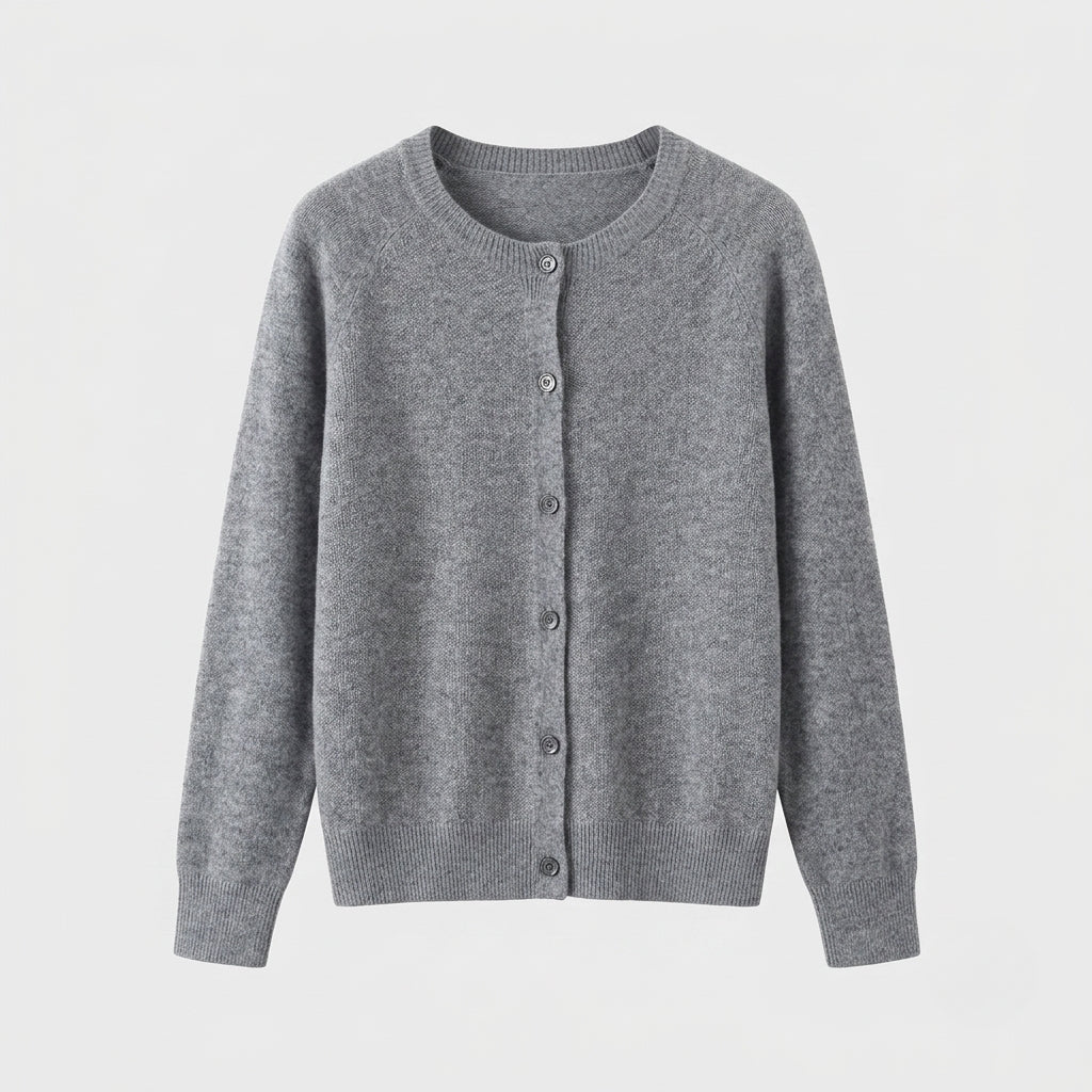 A gray knit cardigan sweater with a crew neck and front button closure, displayed against a light gray background.
