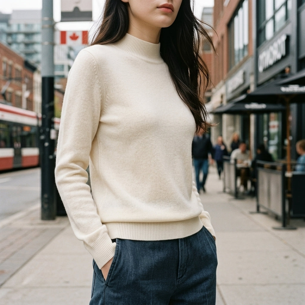 A woman wearing a cream-colored mock neck knit sweater and dark blue jeans, standing on a city street with buildings and pedestrians in the background.
