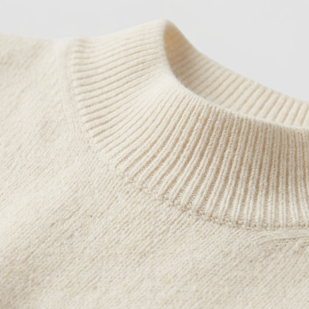 Close-up of a cream-colored knit sweater showing the ribbed mock neck collar and fine knit texture against a light gray background.