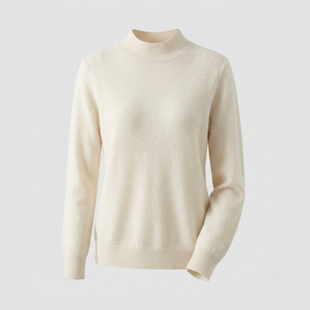 A white-colored knit mock neck sweater displayed on a ghost mannequin against a light gray background.