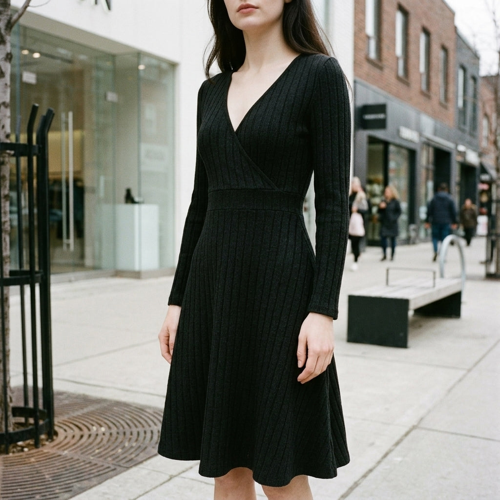 Women's Wrap V Neck Sweater Dress Long Sleeve / Black – Hello Chic